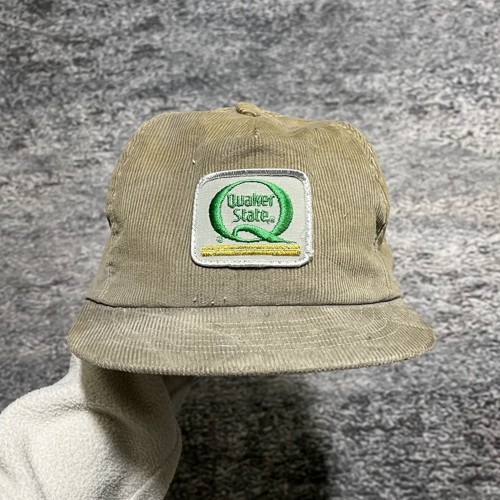Vintage 90s Quaker State‎ Corduroy Hat Trucker USA Patch Adjustable